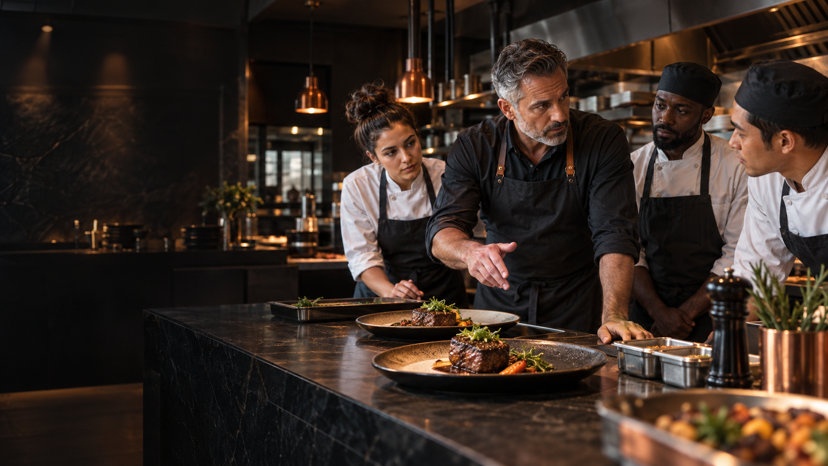 Experienced restaurant leader working alongside a professional kitchen team